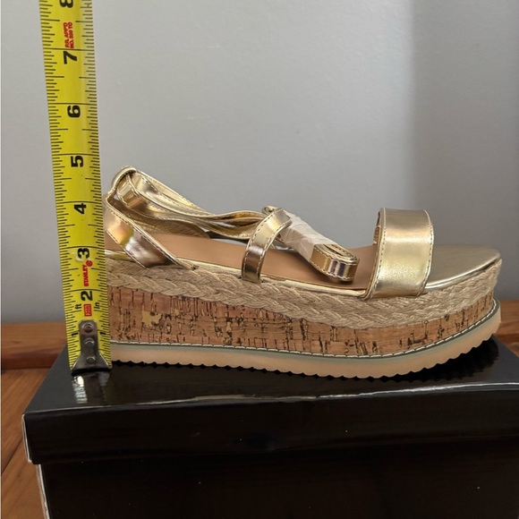 Gold Metallic Cork Platform Sandals Tie Strappy PrettyLittleThing Size 10 - Picture 8 of 12